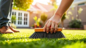 Professional gardener using soft-bristled brush on bright green artificial turf in sunny residential backyard, demonstrating proper cleaning technique with gentle upward strokes