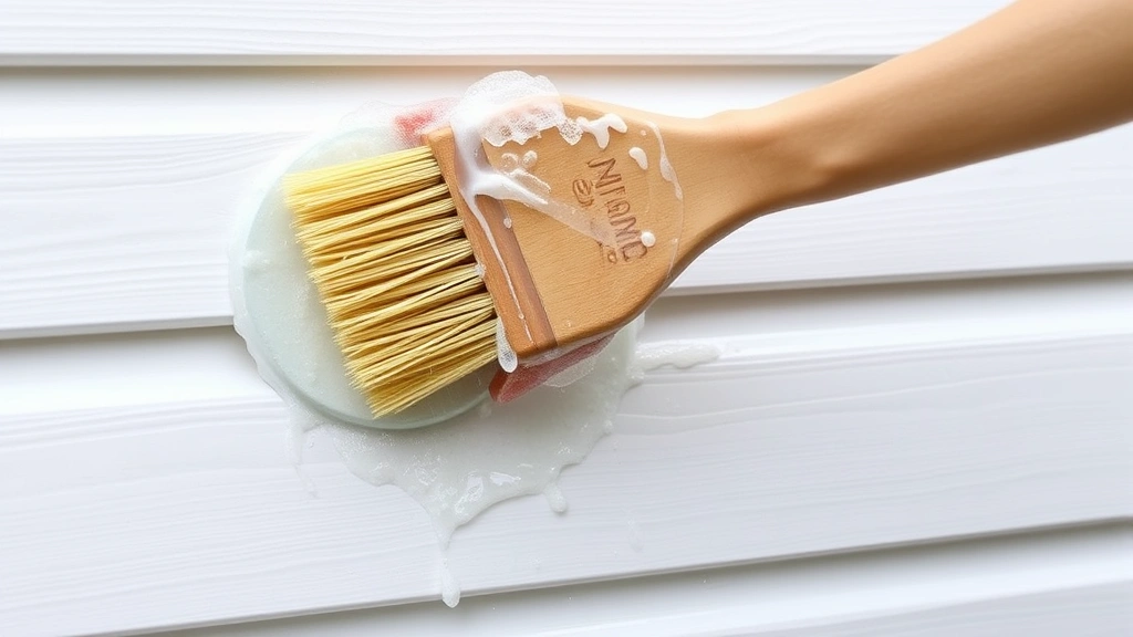 Close-up of soft-bristled brush being gently applied to white vinyl siding with soapy water, showing proper scrubbing technique and angle of application against the horizontal panels