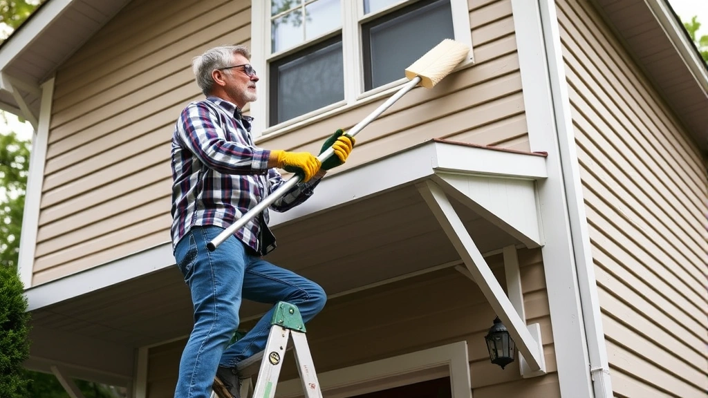 Homeowner wearing safety glasses and gloves standing on stable aluminum ladder with extension pole soft brush reaching upper sections of two-story home's vinyl siding, demonstrating safe ladder positioning