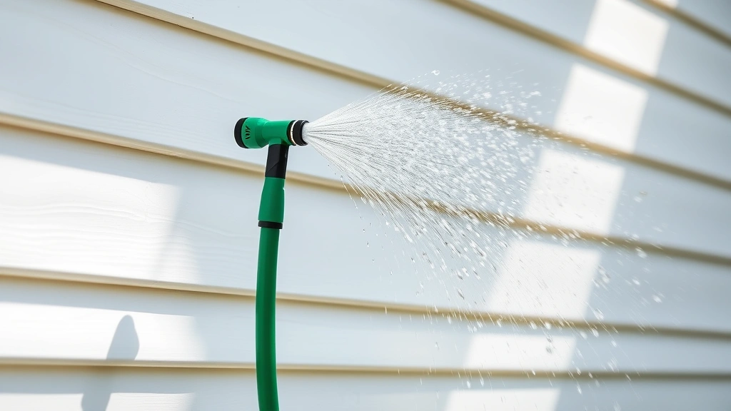 Garden hose with spray nozzle rinsing cleaned vinyl siding from top to bottom, showing water cascading down white panels and removing soap residue, clear daytime lighting