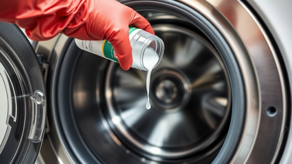 Close-up of a professional hand wearing rubber gloves pouring white vinegar into the empty drum of a stainless steel front-load washing machine, bright kitchen lighting