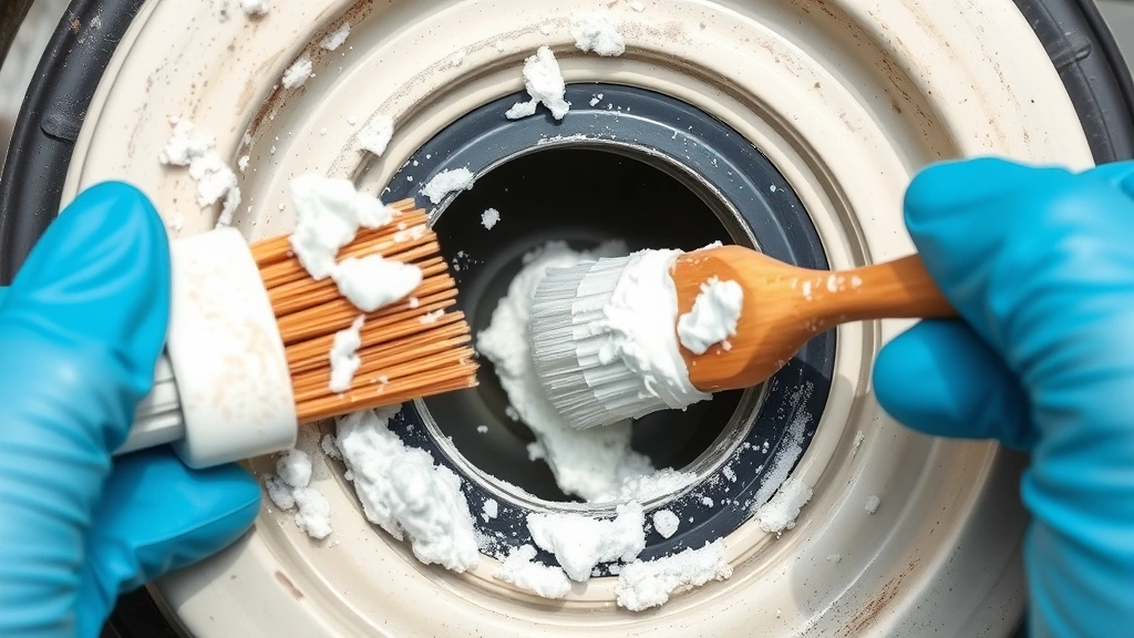 Detailed view of cleaning a rubber gasket seal with a soft-bristled brush and baking soda paste, showing debris and mold removal, hands in work gloves, natural daylight
