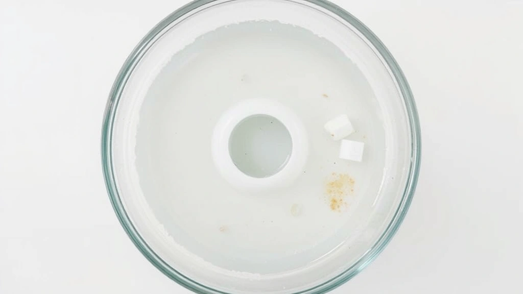 Top-down perspective of a removed detergent dispenser drawer soaking in a glass bowl of white vinegar solution with visible residue breakdown, clean minimal background