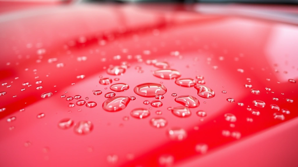 Close-up of water droplets beading on a freshly waxed red car hood, showing hydrophobic coating in action with blurred background