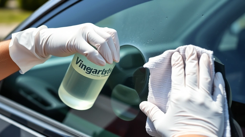 Hands wearing nitrile gloves applying white vinegar solution with microfiber cloth to water-spotted car window, outdoor daylight setting