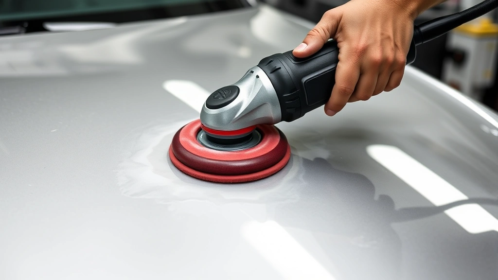 Professional dual-action polisher being used on car hood to remove etched water spots, showing polishing compound application and detail work
