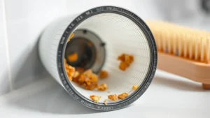 Close-up of a cylindrical dishwasher filter with visible food debris and mineral deposits, photographed under bright kitchen lighting with a soft-bristled brush nearby on a white countertop