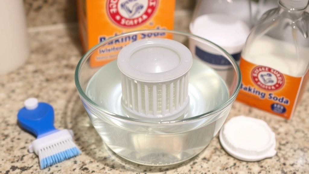 A clean dishwasher filter soaking in a glass bowl filled with clear vinegar and water solution, surrounded by a soft brush, baking soda box, and dish soap bottle on a kitchen counter