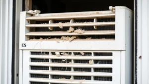 Close-up of window air conditioner unit mounted in residential window frame, showing exterior casing and condenser fins covered with dust and debris buildup