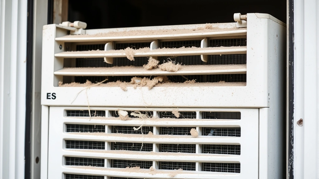 Close-up of window air conditioner unit mounted in residential window frame, showing exterior casing and condenser fins covered with dust and debris buildup