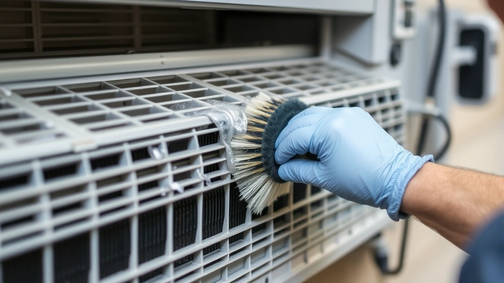HVAC technician using soft-bristled brush to gently clean aluminum condenser coils on window AC unit, demonstrating proper technique without damaging fins