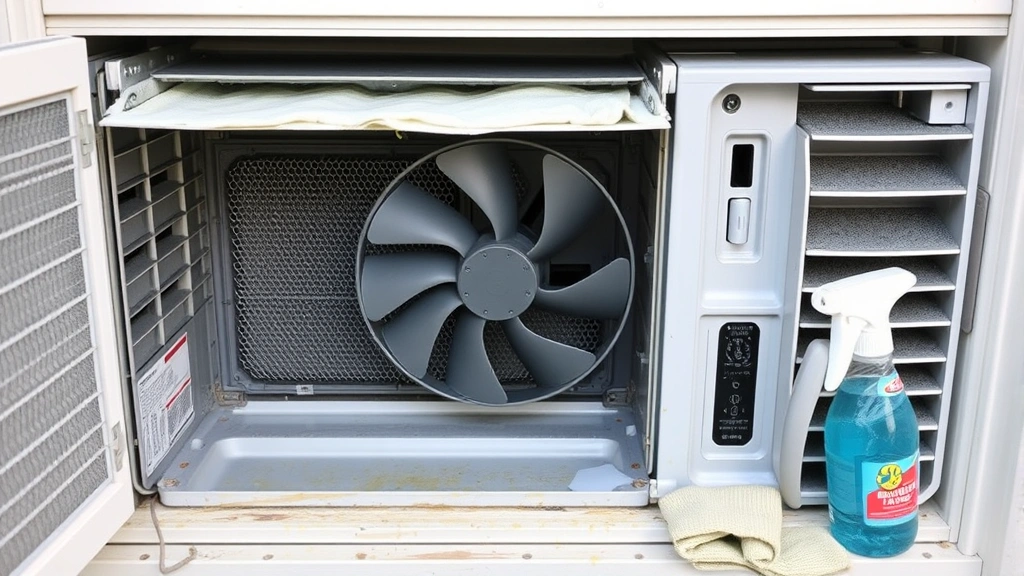 Interior view of window AC unit with front cover removed, showing evaporator coils, fan blade, and drain pan during cleaning process with spray bottle and cloth nearby