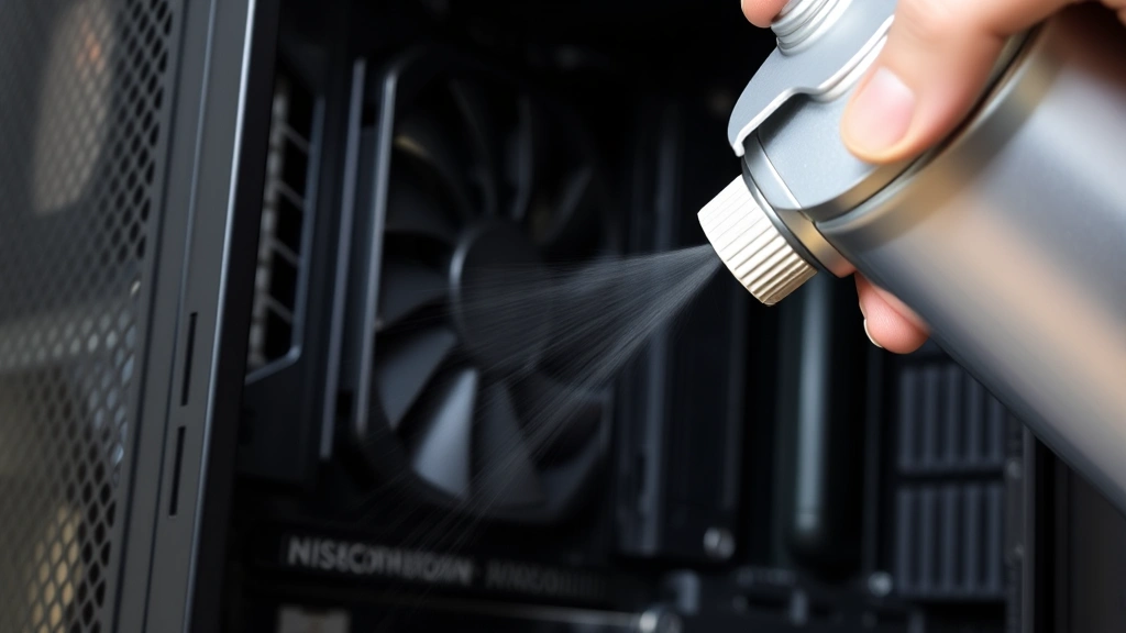 Professional close-up of compressed air canister with narrow straw attachment being used on electronics ventilation grille, showing proper technique and angle, realistic lighting on black gaming console
