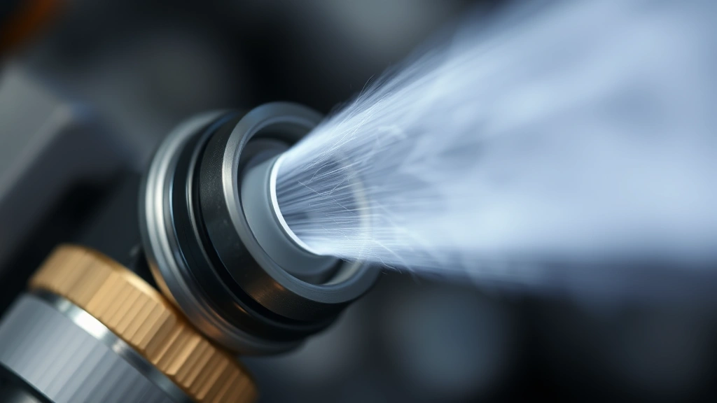 Close-up of fuel injector spray pattern with fine mist atomization under magnification, showing precision fuel delivery into combustion chamber, professional automotive workshop lighting