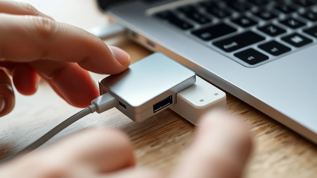 Close-up of hands inserting a silver SD card into a white USB card reader connected to a laptop, showing the card slot clearly with natural lighting