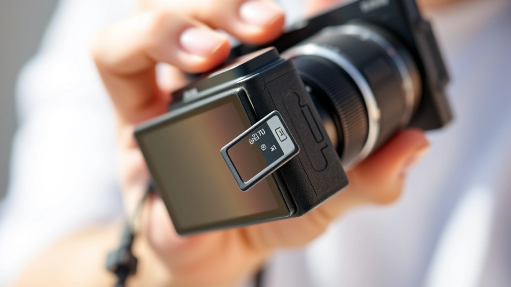 Person holding a compact digital camera with an open SD card slot visible, showing the small write-protection switch on the card's edge in natural daylight