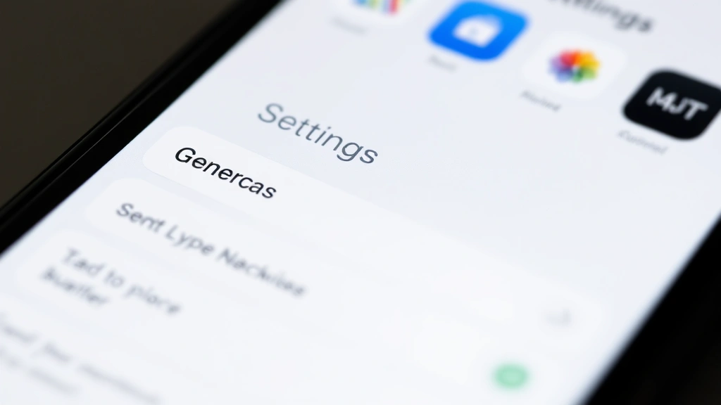 Close-up of iPhone screen displaying Settings app with General menu highlighted, professional mobile device interface photography, clean bright lighting