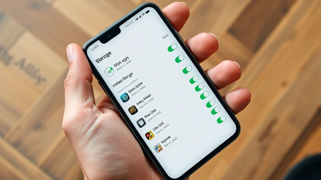 Overhead shot of hands holding iPhone showing iPhone Storage settings with list of installed apps and their storage sizes, realistic smartphone screen detail