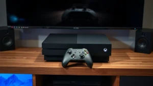 Xbox Series X console sitting on wooden entertainment center shelf with controller positioned in front, professional gaming setup with ambient lighting