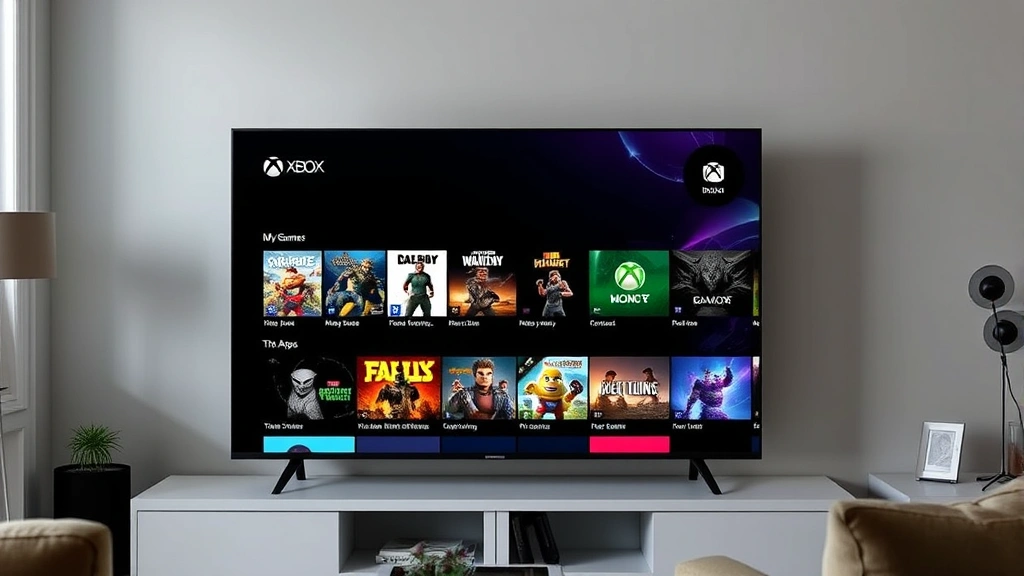 Xbox home screen dashboard displayed on modern television, showing My Games and Apps menu with various game tiles visible, living room setting