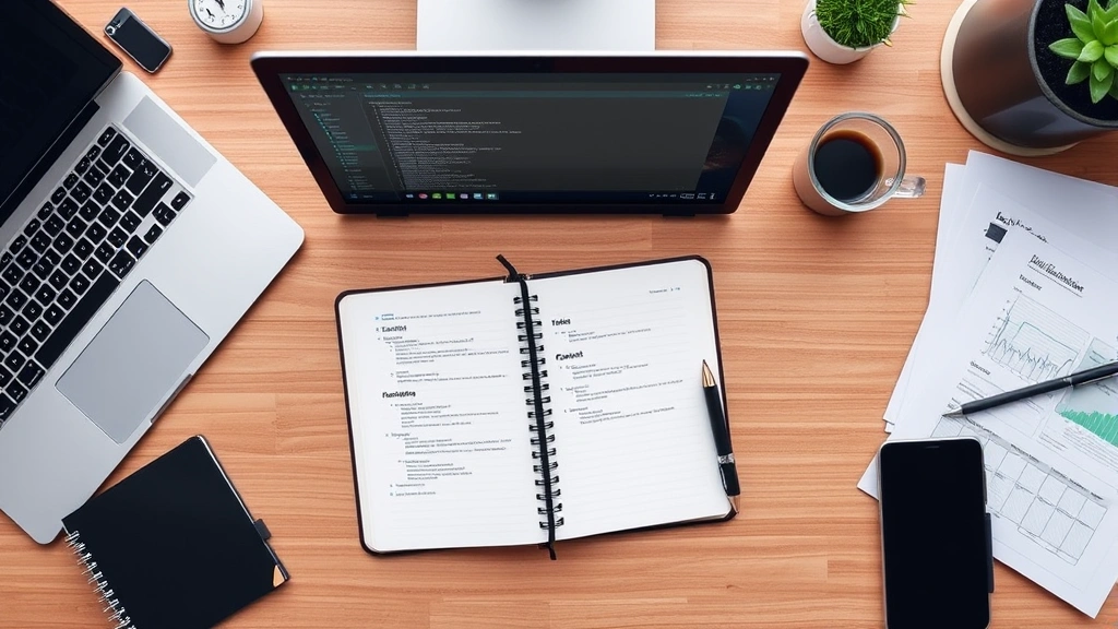 Overhead view of organized workspace with laptop displaying terminal interface, notebook with technical notes, and desk organization representing efficient digital workspace management