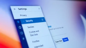 Close-up of Firefox settings menu with Privacy & Security tab highlighted, showing the Cookies and Site Data section with Clear Data button visible on a modern computer monitor screen