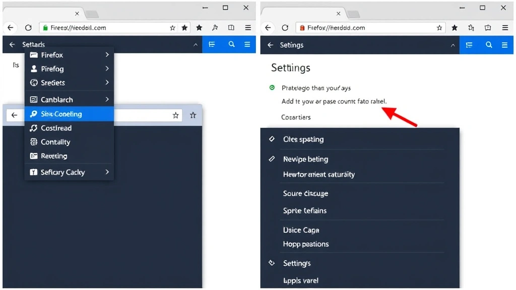 Split-screen comparison showing Firefox browser window on left with hamburger menu open and settings interface on right, demonstrating the navigation path to cache clearing options