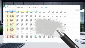 Professional spreadsheet showing mixed formatting with colored cells, different fonts, and borders being cleaned up with eraser tool overlay, modern office desk background