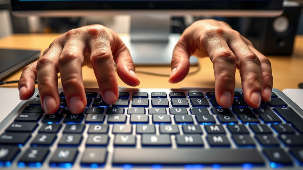 Close-up of computer keyboard showing Ctrl+M and Ctrl+Spacebar keys highlighted in blue, hands positioned above keyboard, office desk background with monitor, professional lighting, photorealistic