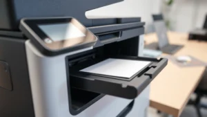 Close-up of a modern office printer with paper tray open, showing internal components, professional setting with desk in background