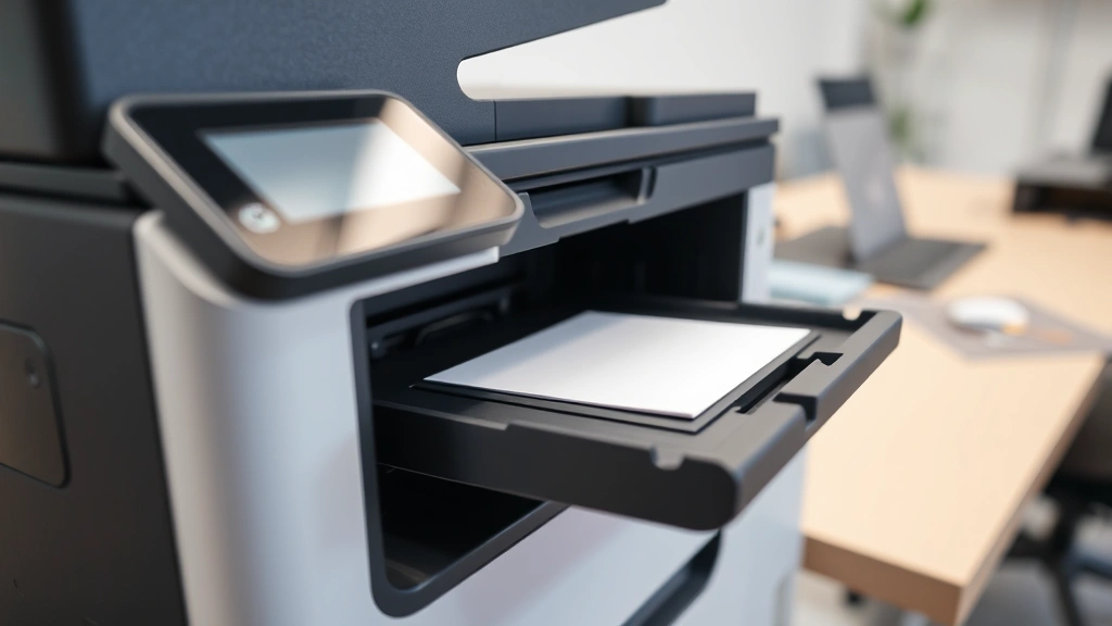 Close-up of a modern office printer with paper tray open, showing internal components, professional setting with desk in background