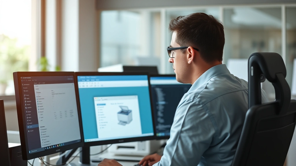 IT technician working at computer desk with dual monitors displaying system settings and printer management windows, office environment