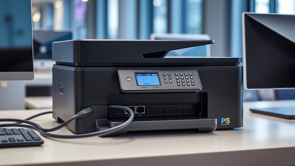 Network printer on office desk with ethernet cable connected, showing printer control panel display, contemporary workspace background