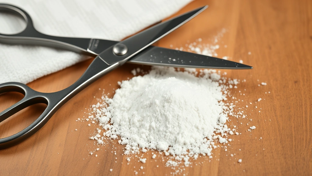 Close-up of sharp poultry shears and styptic powder arranged on wooden surface with cotton towel, professional veterinary-grade tools for chicken care