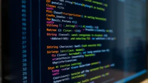 Close-up of Python code displayed on a computer monitor showing string variable assignments and clone operations with syntax highlighting in a modern IDE, professional workspace setting