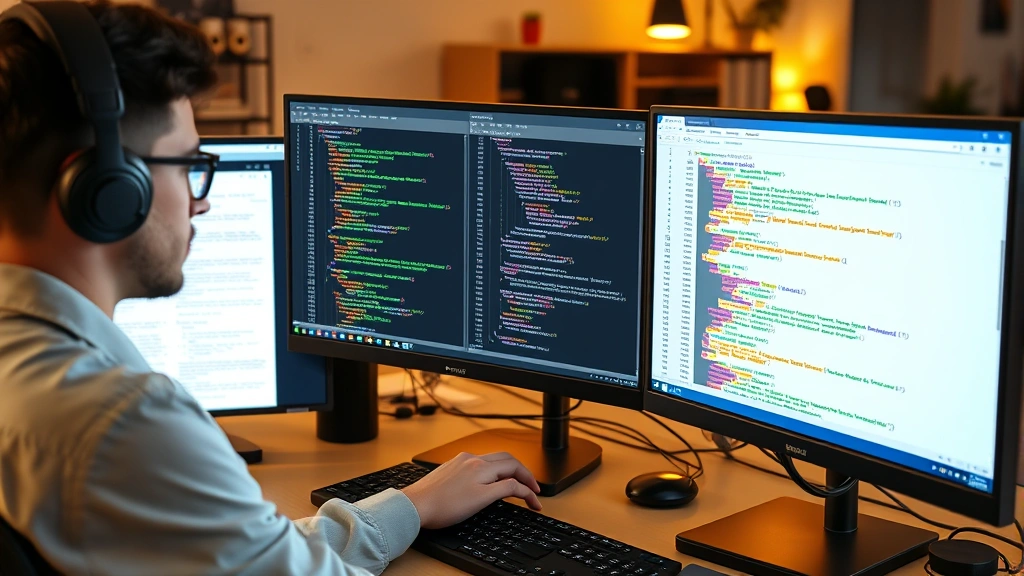 Developer working at desk with multiple monitors displaying Python documentation and code examples for string manipulation, warm office lighting with code visible on screens