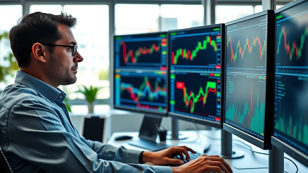 Professional trader at computer workstation liquidating investment positions, multiple screens showing stock charts and trading interface, focused expression, modern brokerage office environment, natural lighting from windows, realistic photography style