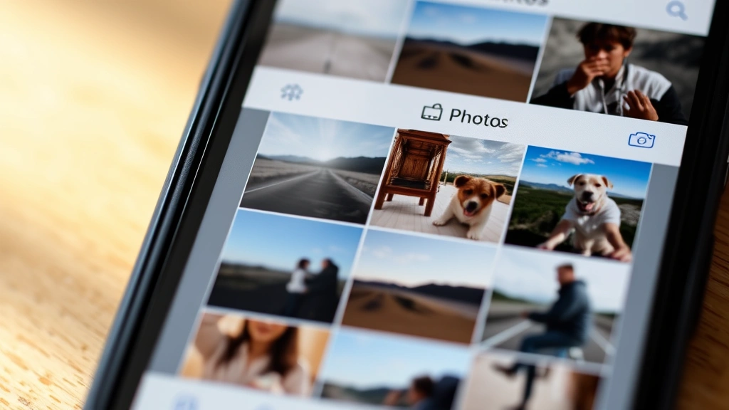 Close-up of iPhone screen showing the Photos app editing interface with multiple images displayed in grid layout, natural lighting on device