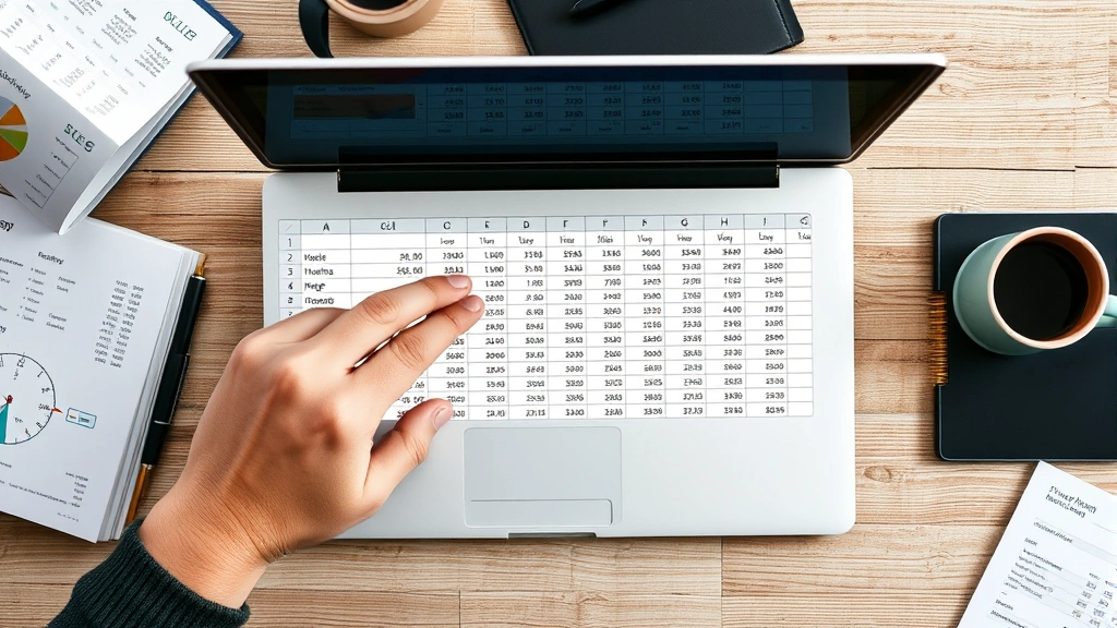 Overhead shot of desk with laptop open to Excel spreadsheet, hand pointing to merged header cells spanning multiple columns, construction or home improvement budget data visible on screen