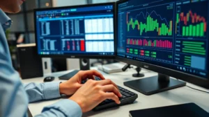 Professional accountant comparing financial data on dual computer monitors showing spreadsheets side-by-side, close-up of hands using keyboard and mouse, modern office desk