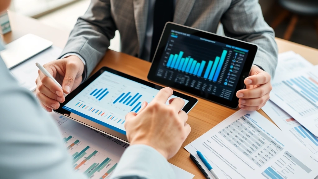 Data analyst reviewing comparison results on tablet while referencing printed spreadsheet reports, organized workspace with multiple documents, professional setting