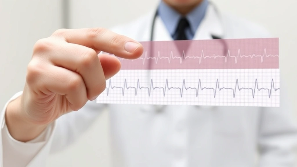 Cardiologist or nurse pointing to irregular ECG rhythm pattern showing variable R-R intervals with multiple heartbeats visible across the strip, demonstrating atrial fibrillation or arrhythmia pattern