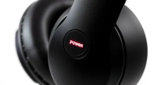 Close-up of Beats Solo 3 headphones showing the left ear cup with power button and LED indicator light, professional studio lighting, white background, high detail on button mechanics