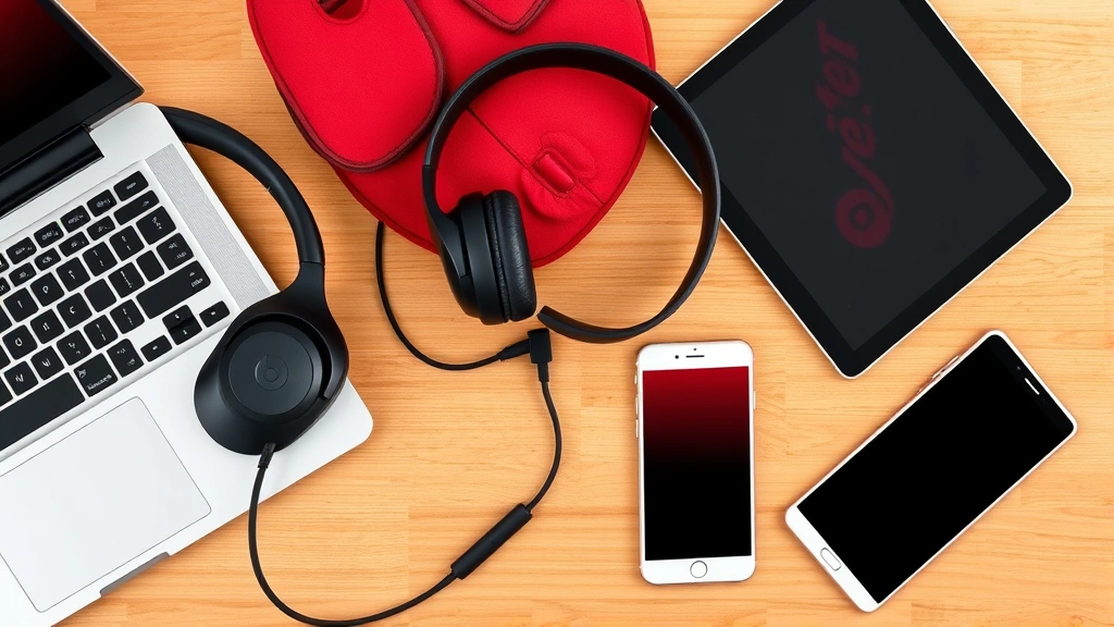 Overhead view of Beats Solo 3 headphones next to laptop, smartphone, and tablet showing multi-device connection setup scenario