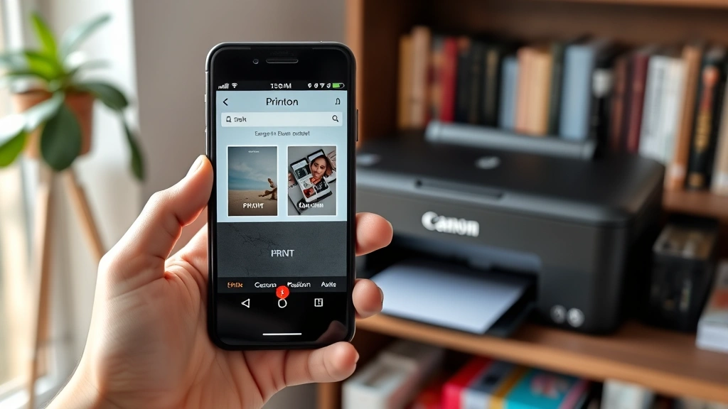 Person holding smartphone displaying Canon PRINT mobile app interface while Canon Pixma printer operates in background on bookshelf, home office environment with natural window lighting