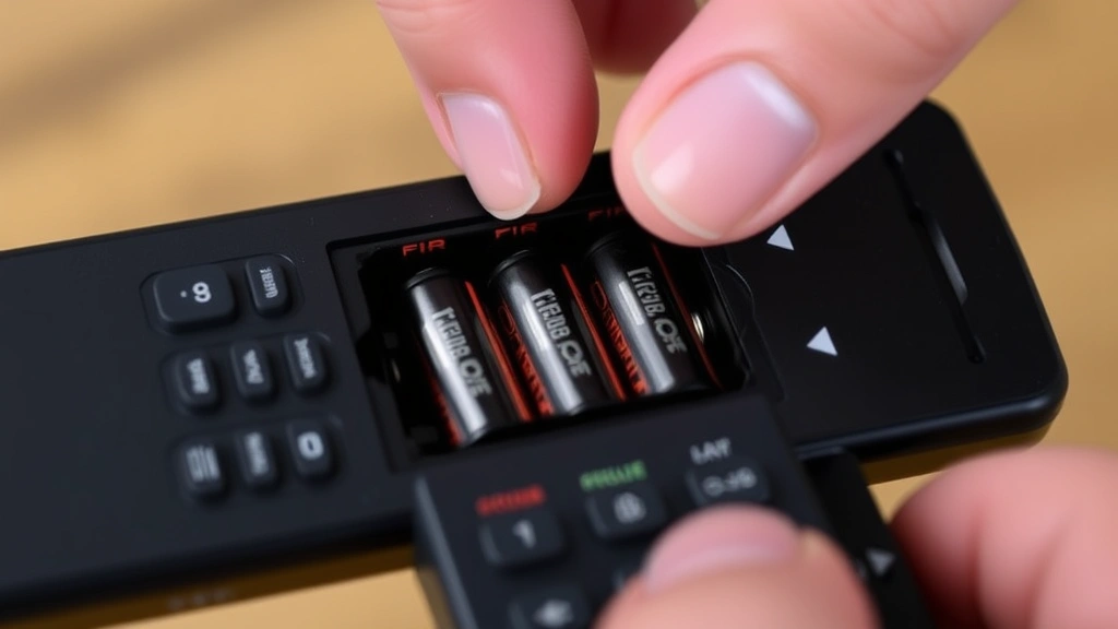 Close-up of Fire TV remote with fresh AA batteries being inserted into battery compartment, hands visible, clear polarity markings inside battery door