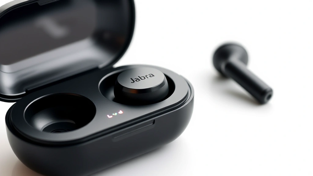Close-up of Jabra earbud charging case with earbuds inside, showing LED indicator lights on the case, white background, professional product photography style