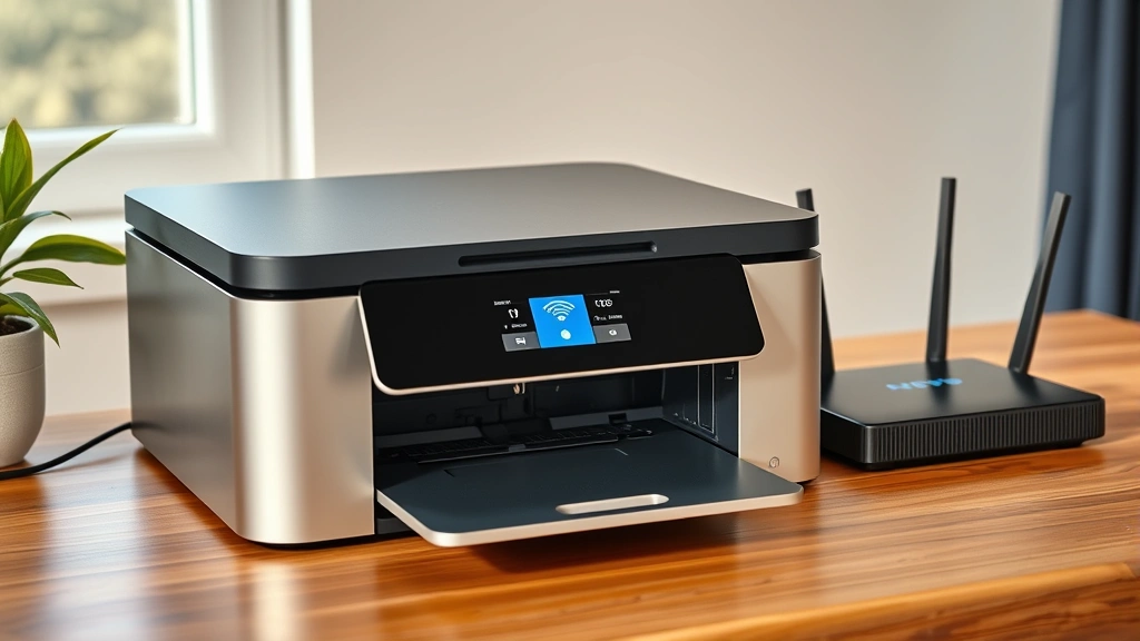 Modern wireless printer on wooden desk with router nearby, showing WiFi signal bars indicator on printer display screen, home office setting with natural lighting