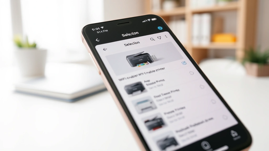 Close-up of modern smartphone screen displaying printer selection menu with multiple WiFi-enabled printers listed, bright home office lighting, clean white desk surface