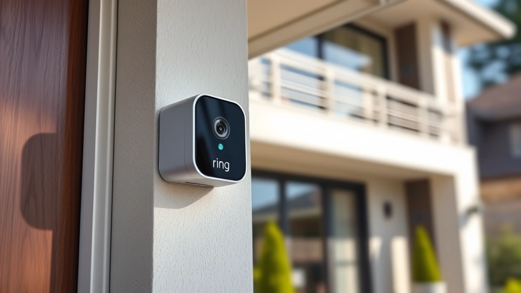 Close-up of Ring doorbell mounted on home exterior wall with WiFi signal indicator visible, modern residential architecture background, natural daylight